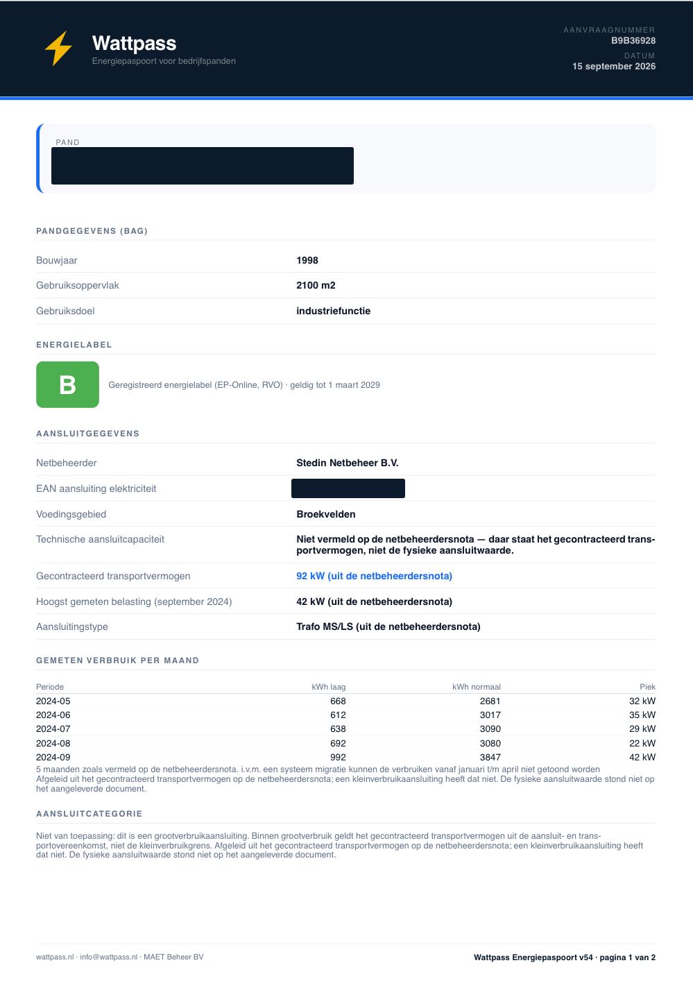 Pagina 1 van een Wattpass-rapport: pandgegevens, aansluitgegevens, de ruimte binnen de categorie en de netstatus
